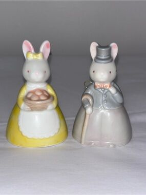 Takahashi vintage bunny rabbits porcelain bells elegant clothing 1980s Japan